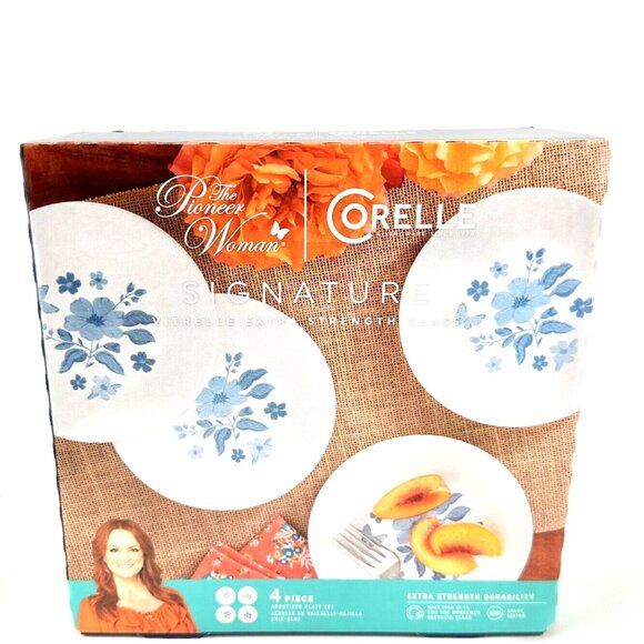 Pioneer Woman Corelle Evie Blue 4Pc Set Appetizer Plate Dessert Melamine White - Picture 8 of 8